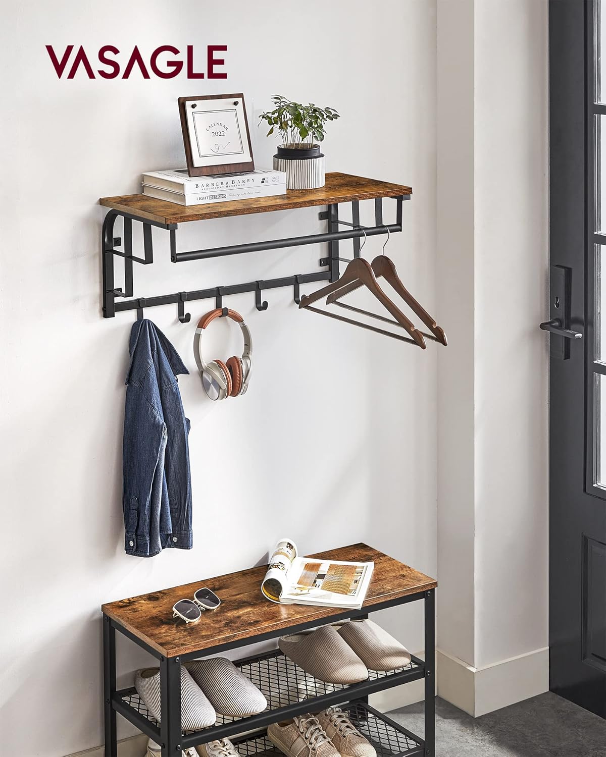 Wandgarderobe, 66x30x27cm, Wandgarderobe mit Ablage, 5 abnehmbaren Haken, Rustikales Braun, Schwarz, VASAGLE, 1