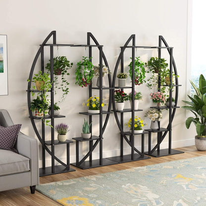 Pflanzenregal, 2 Stück, Blumenständer, mit 5 Ebenen und 2 Haken, 160cm Hoch, Blumenregal Wohnzimmer, Pflanzenständer metall, Mattschwarz, Tribesigns, 6