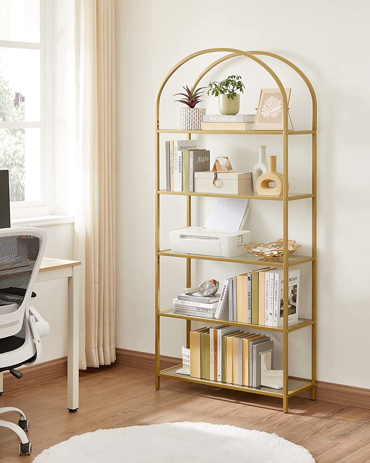 Vasagle - Bücherregal mit 5 Ebenen 183,5 cm hoch Standregal aus Hartglas Metallrahmen stabil einfach Aufbau bogenförmig golden