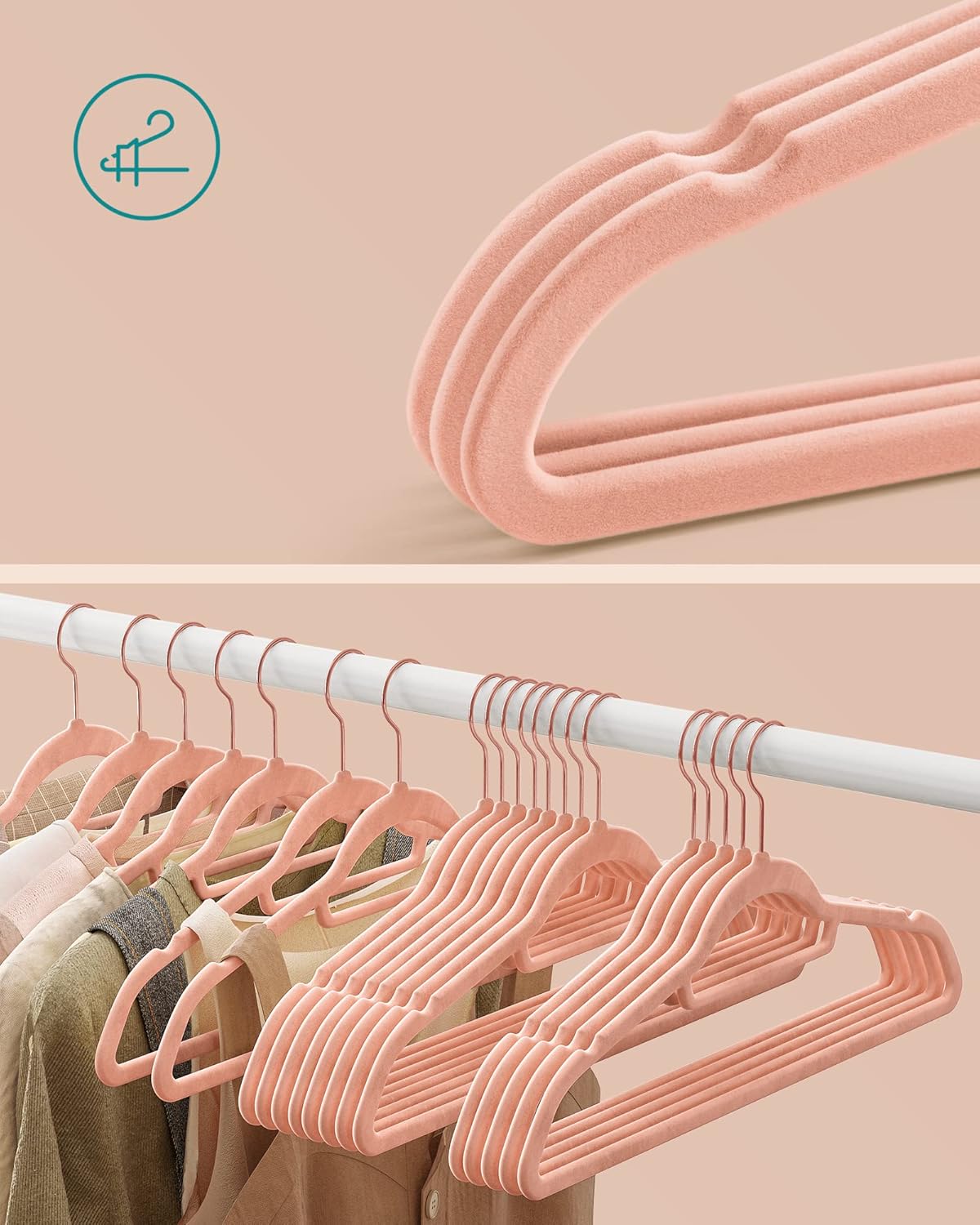 Kleiderbügel Samt, 50er Set, Hosenbügel, 43,5cm, Samtbügel, mit Stange für Krawatten, Roségold-Rosa, SONGMICS, 4