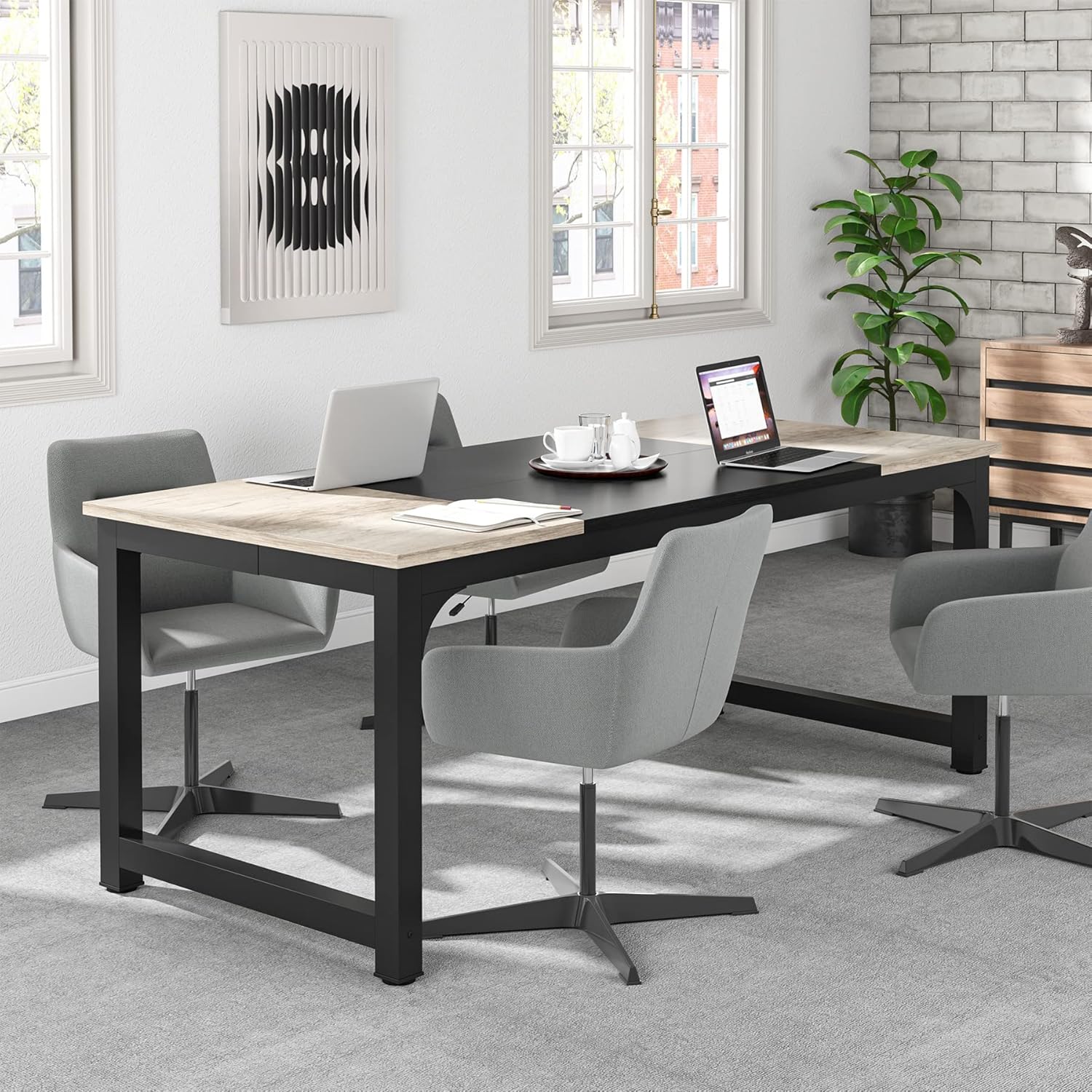 Schreibtisch, 180 x 80 x 75 cm Computertisch, PC Tisch, Bürotisch, für Home Office, Konferenztisch, Vintage-Grau Schwarz, Tribesigns, 4