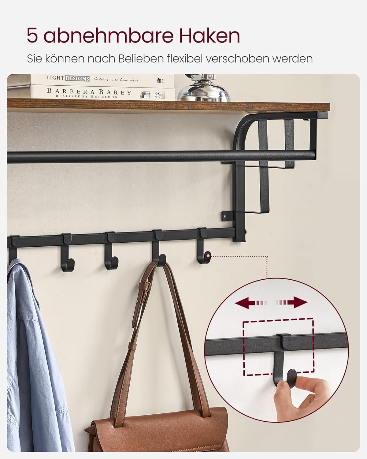 Wandgarderobe, 66x30x27cm, Wandgarderobe mit Ablage, 5 abnehmbaren Haken, Rustikales Braun, Schwarz, VASAGLE, 1