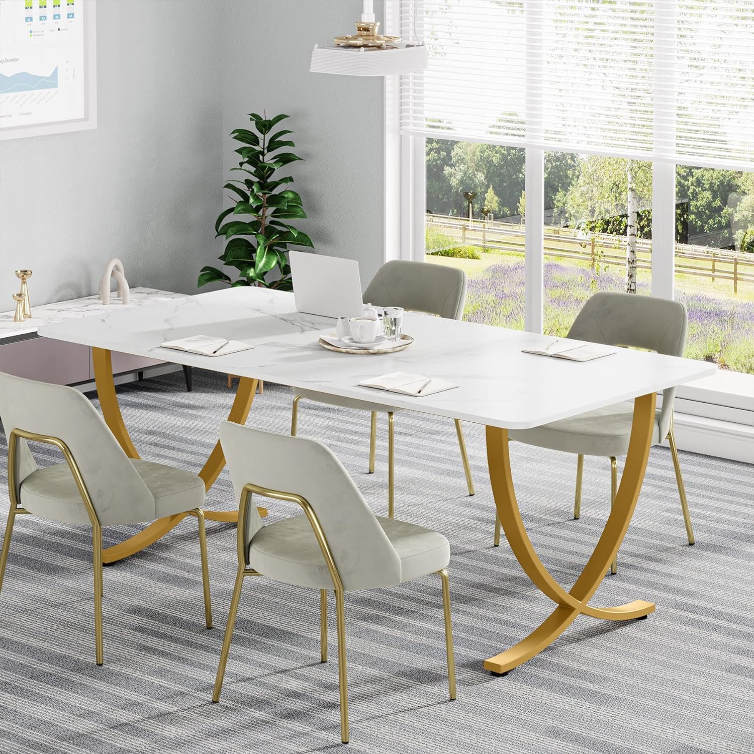 Schreibtisch, 160x80x75 cm, Computertisch, mit Tischplatte aus Kunstmarmor und Metallbeinen, für Home Office, Konferenztisch, Weiß Gold, Tribesigns, 5