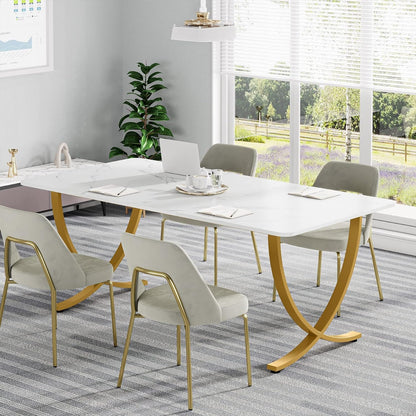 Schreibtisch, 160x80x75 cm, Computertisch, mit Tischplatte aus Kunstmarmor und Metallbeinen, für Home Office, Konferenztisch, Weiß Gold, Tribesigns, 5