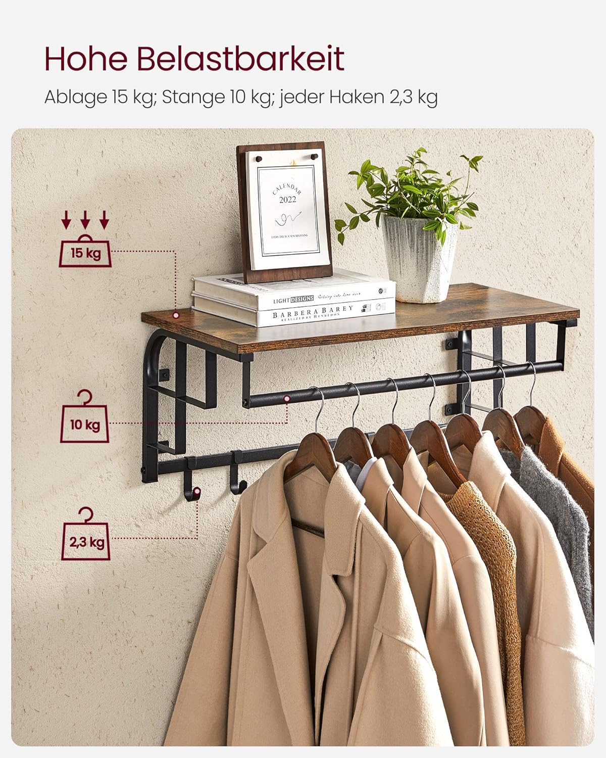 Wandgarderobe, 66x30x27cm, Wandgarderobe mit Ablage, 5 abnehmbaren Haken, Rustikales Braun, Schwarz, VASAGLE, 1
