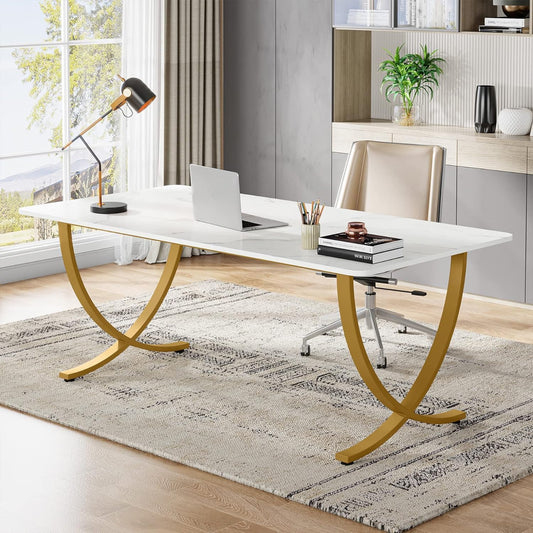 Schreibtisch, 160x80x75 cm, Computertisch, mit Tischplatte aus Kunstmarmor und Metallbeinen, für Home Office, Konferenztisch, Weiß Gold, Tribesigns, 1