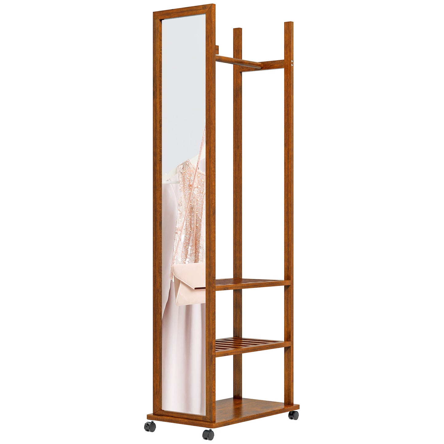 HOMCOM - Standspiegel, Garderobe mit Spiegel, Kleiderständer Holz, Ganzkörperspiegel, 24,8x153,8 cm, Kleiderständer auf rollen, 3 Ebenen, Kiefernholz