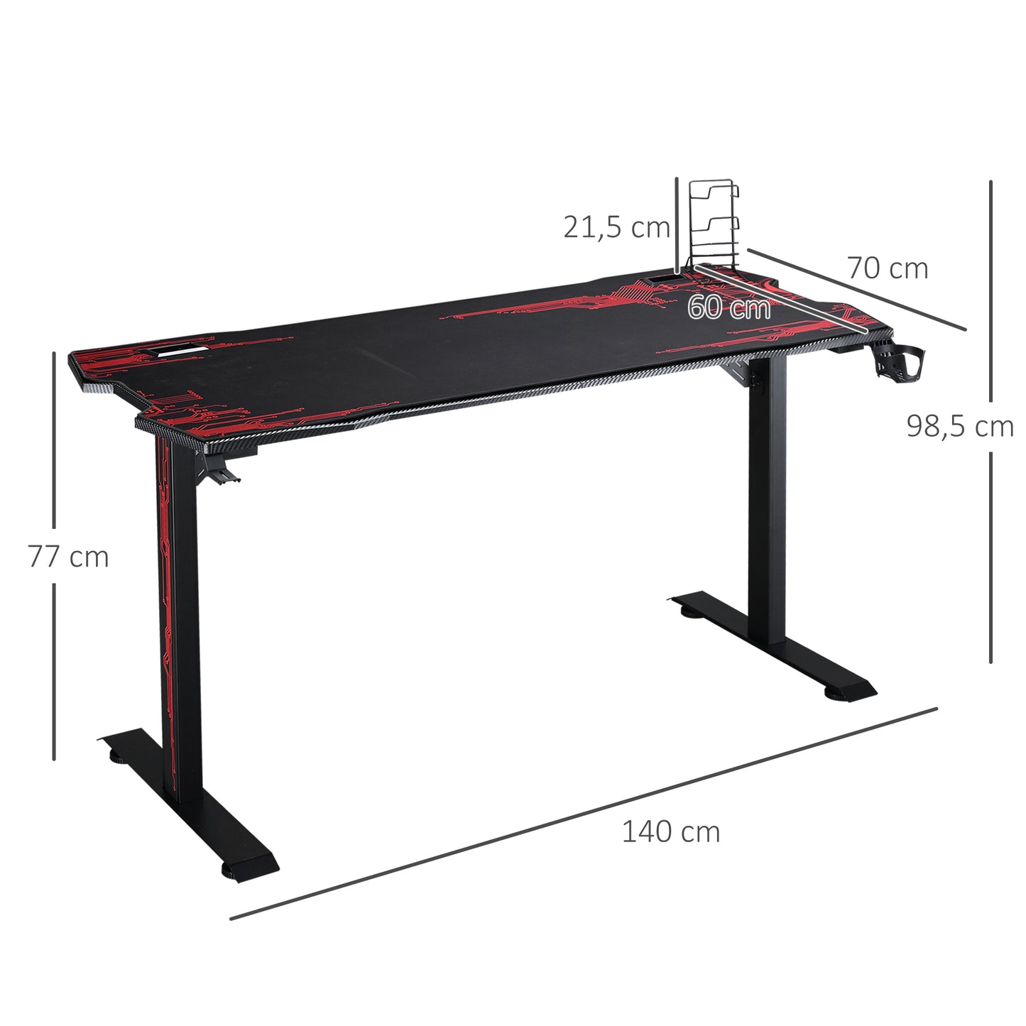 HOMCOM - Gaming Schreibtisch Kopfhörerhaken Getränkehalter Mauspad MDF Metall Schwarz+Rot 140x70x77cm