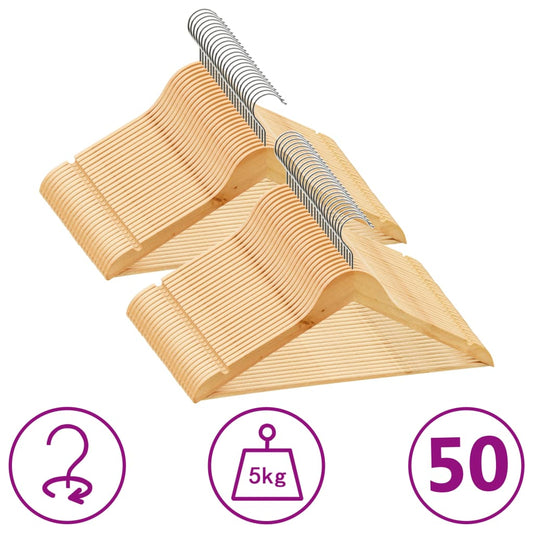 Kleiderbügel Holz, Kleiderbügel, Set 50 Stk. Hosen Kleiderbügel, mit Hosenstange, Rutschfest, drehbarer Haken, Natürliche farbe, Hartholz, vidaXL, 1