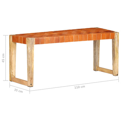 Sitzbank, Bank, 110 x 35 x 45 cm, Echtleder und Massivholz Mango, Braun, vidaXL, 7