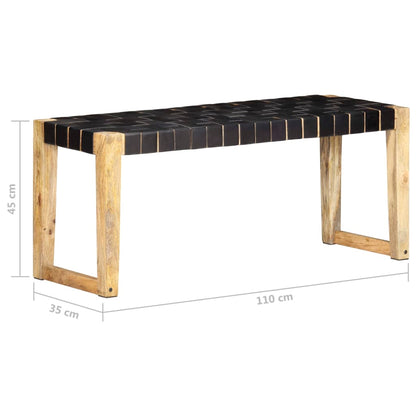 Sitzbank, Bank, 110 x 35 x 45 cm, Echtleder und Massivholz Mango, Schwarz, vidaXL, 10