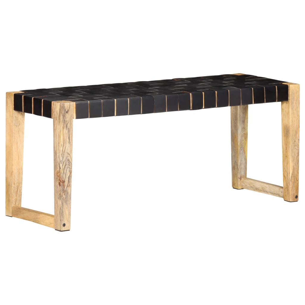 Sitzbank, Bank, 110 x 35 x 45 cm, Echtleder und Massivholz Mango, Schwarz, vidaXL, 9