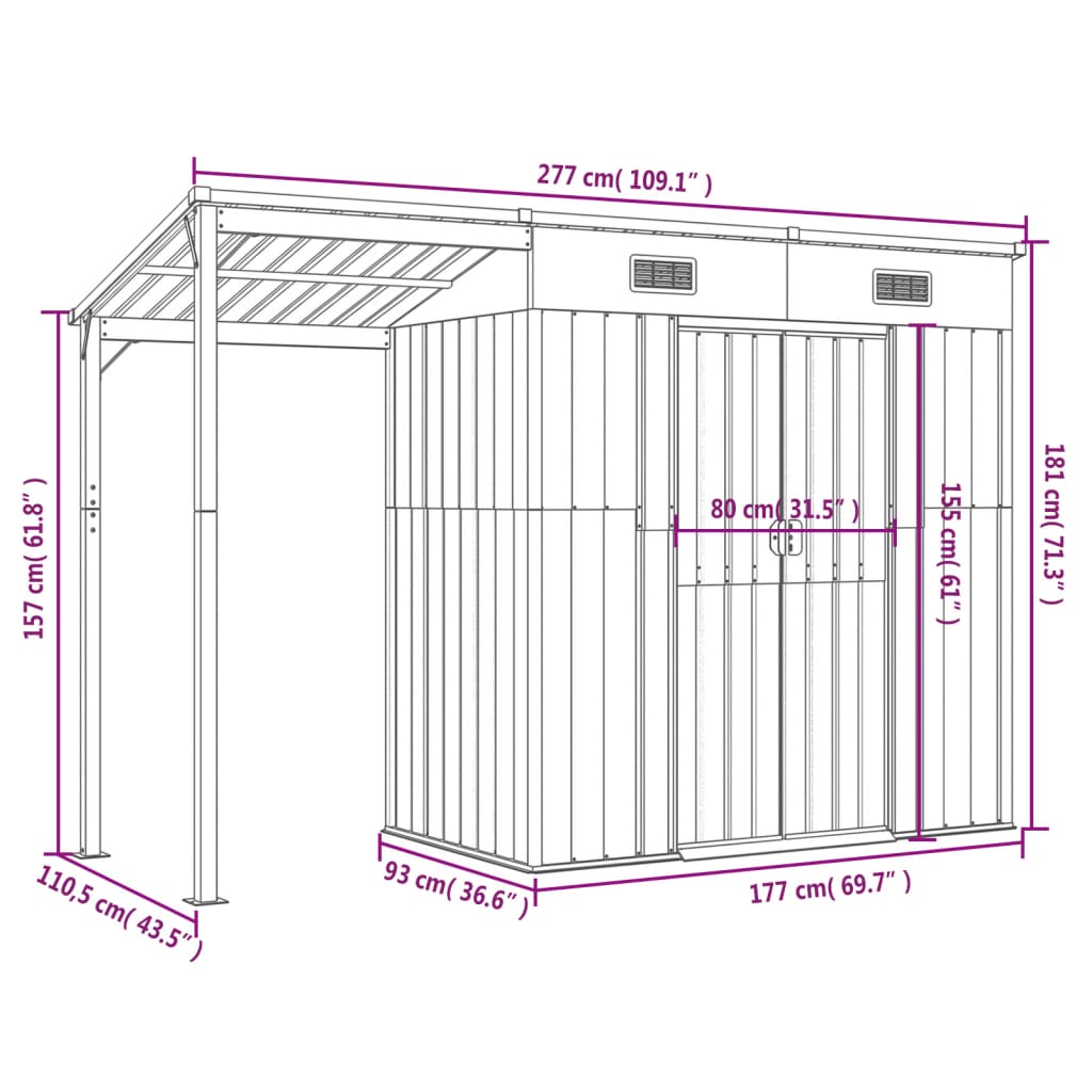 Geräteschuppen, Gartenschrank Wetterfest, Gerätehaus metall, Gartenhaus mit Schleppdach, Outdoor schrank, Stahl, vidaXL, 8