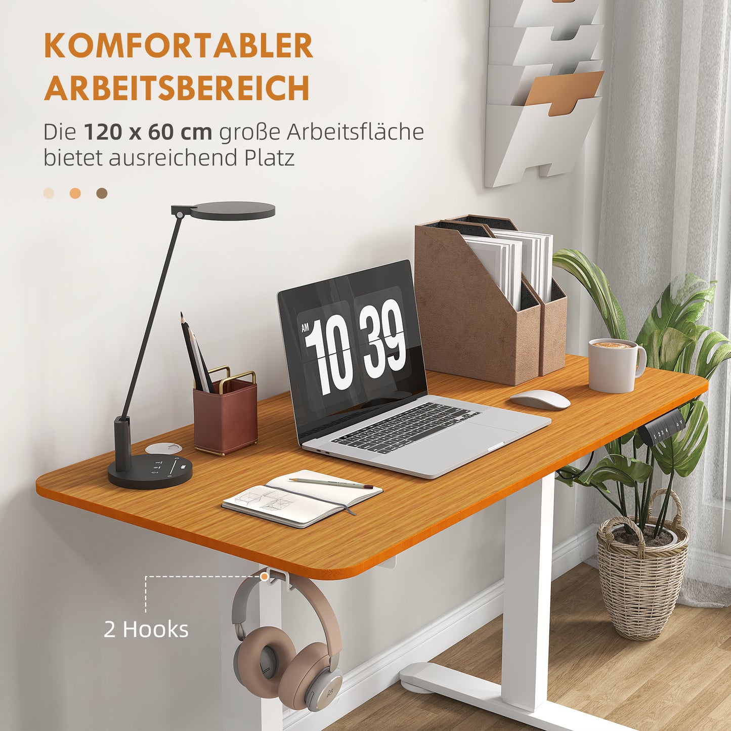 Vinsetto - Stehtisch höhenverstellbar, elektrisch, 120x60x72-116cm, mit Anti-Kollision, Kabelbox, Haken zum Aufhängen, Spanplatte, Naturholz