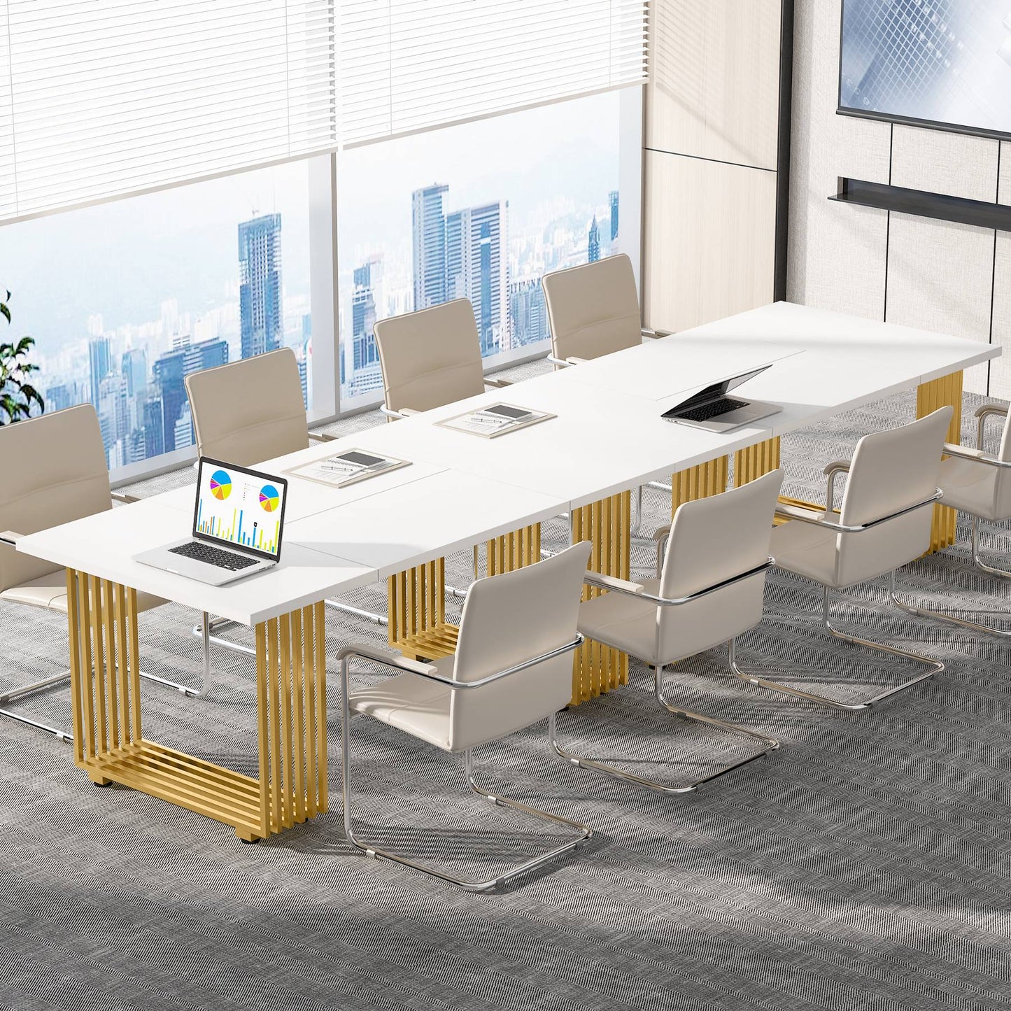 Schreibtisch, 180 x 79 x 78 cm, Computertisch, mit goldenem Beine für Home Office, Bürotisch, Konferenztisch, Weiß Gold, Tribesigns, 5
