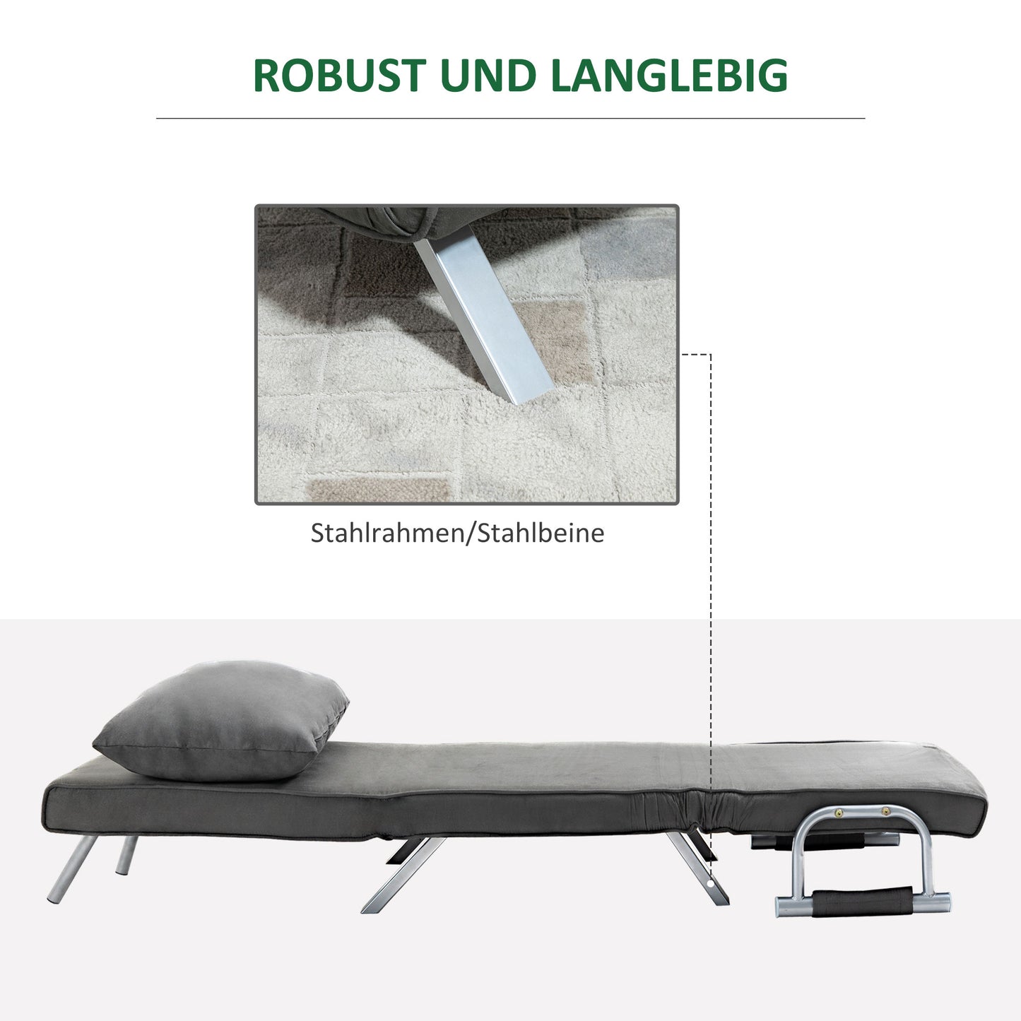 HOMCOM - Schlafsofa mit Armlehne 65x69x80cm  3-in-1 Schlafsessel, Gästebett, Klappmatratze, Chaiselongue, Kunstleder, Grau