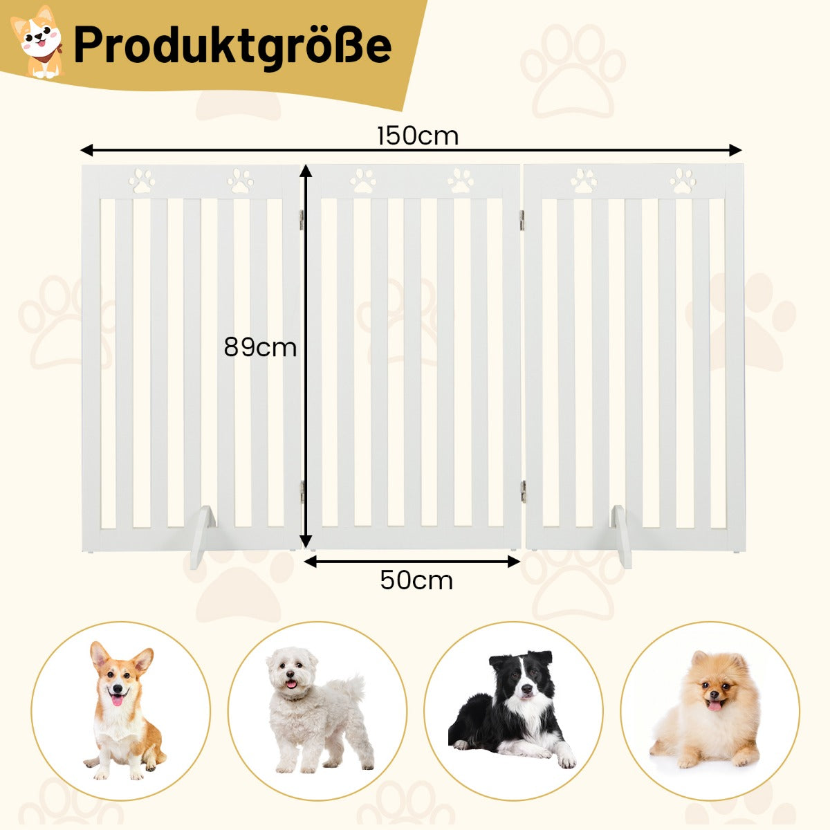 Absperrgitter, Hunde 89cm, Welpengitter, Hoch Schutzgitter, Holz Klappbar Türschutzgitter, Weiß, Costway, 3