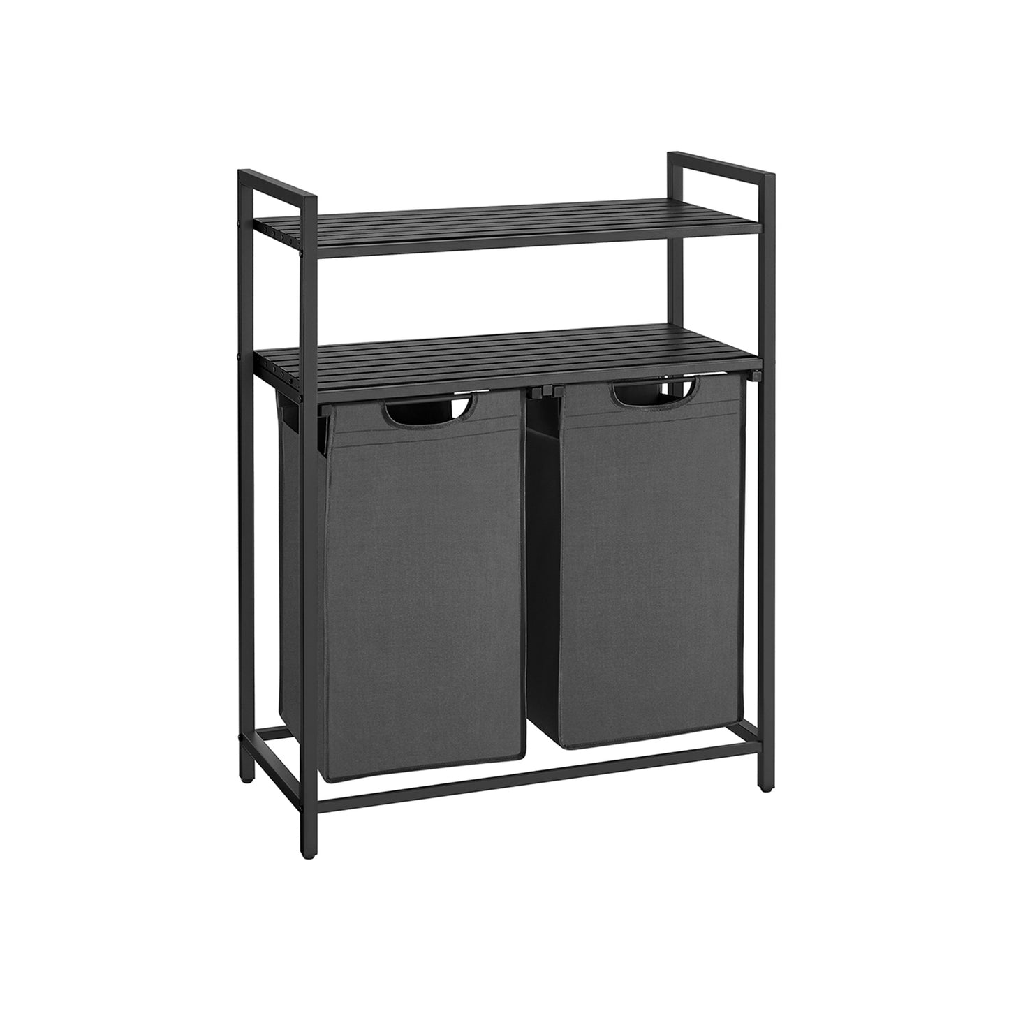 Wäschekorb 2 fächer, 2 x 46 L, Wäsche Sortiersystem, mit 2 Ablagen, Wäschesortierer, Schwarz-Grau, VASAGLE, 1