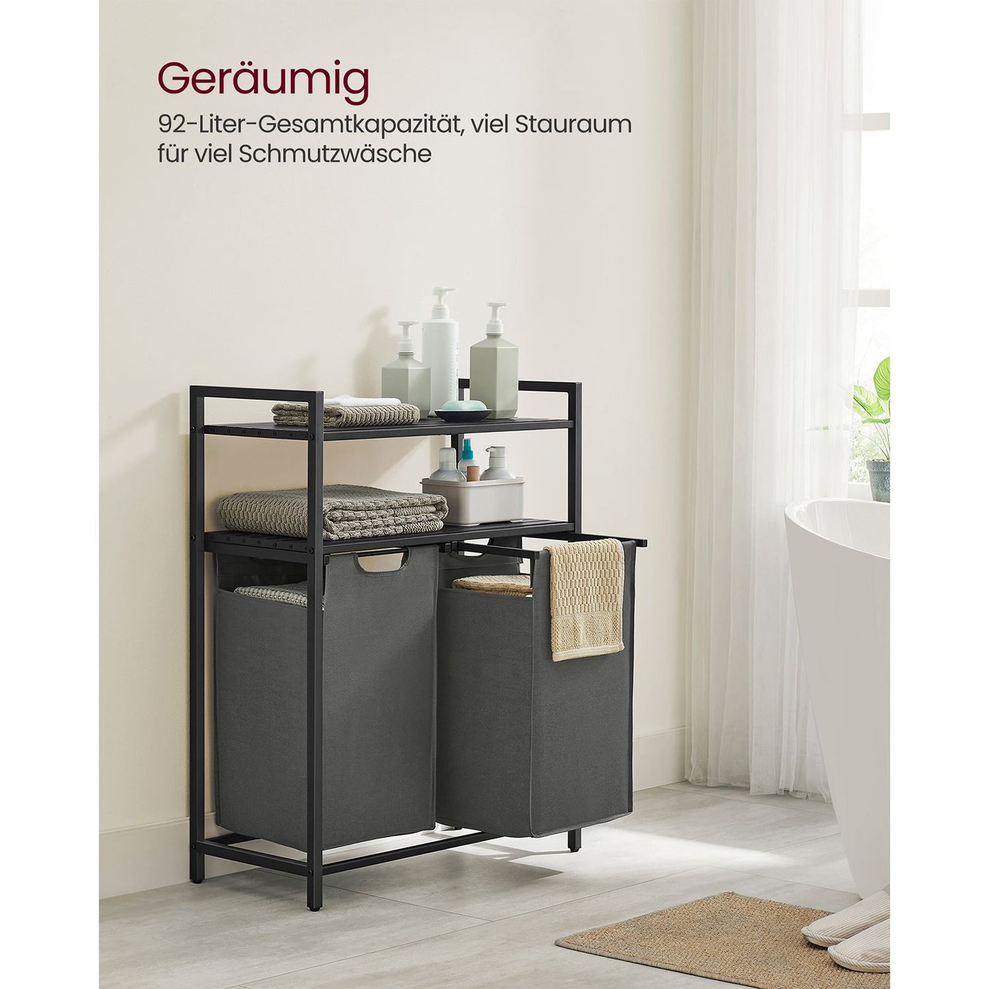 Wäschekorb 2 fächer, 2 x 46 L, Wäsche Sortiersystem, mit 2 Ablagen, Wäschesortierer, Schwarz-Grau, VASAGLE, 3