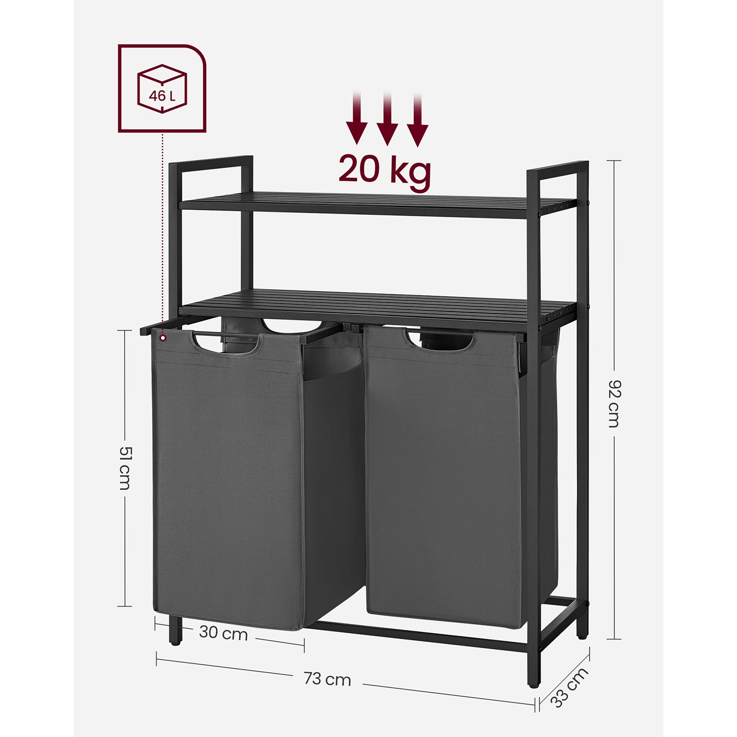 Wäschekorb 2 fächer, 2 x 46 L, Wäsche Sortiersystem, mit 2 Ablagen, Wäschesortierer, Schwarz-Grau, VASAGLE, 8