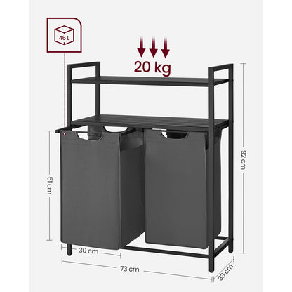 Wäschekorb 2 fächer, 2 x 46 L, Wäsche Sortiersystem, mit 2 Ablagen, Wäschesortierer, Schwarz-Grau, VASAGLE, 8