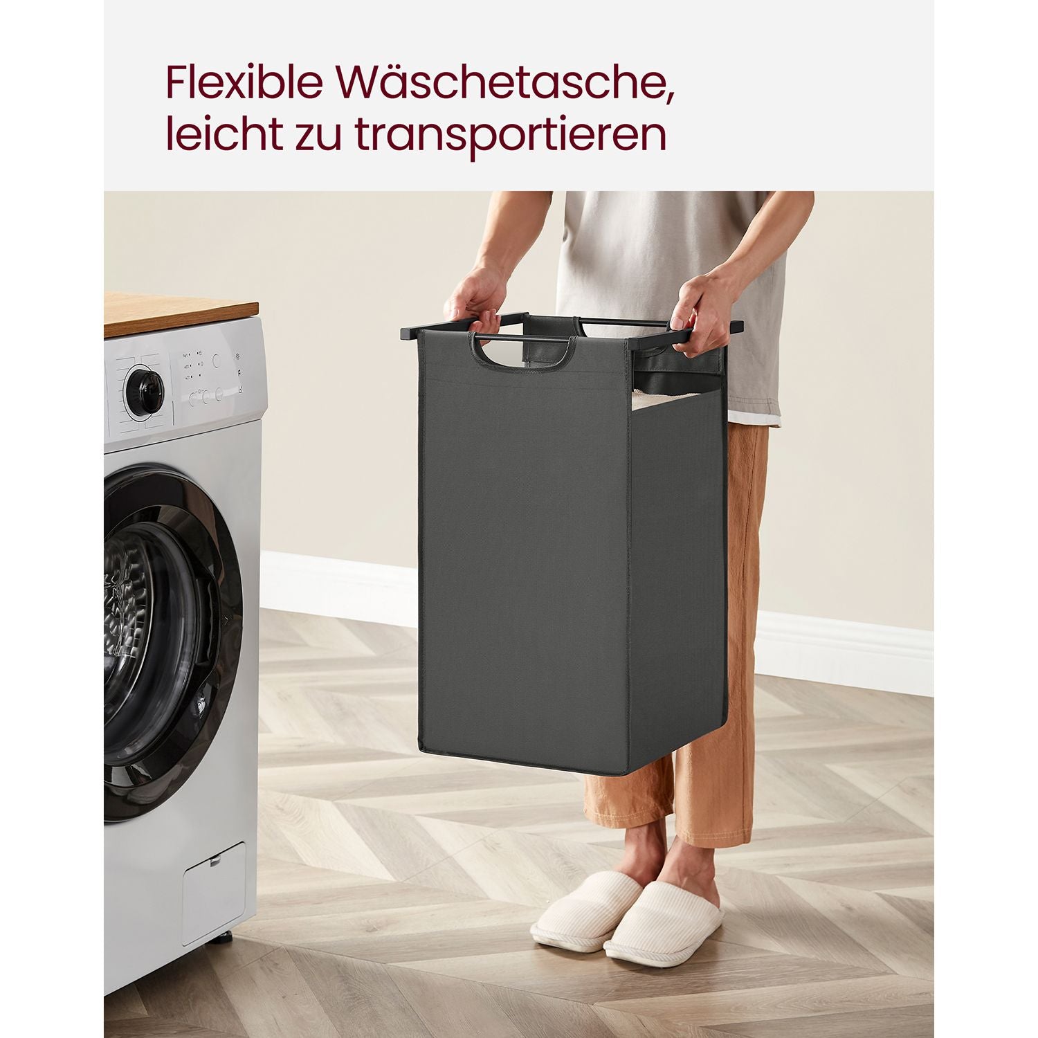 Wäschekorb 2 fächer, 2 x 46 L, Wäsche Sortiersystem, mit 2 Ablagen, Wäschesortierer, Schwarz-Grau, VASAGLE, 9