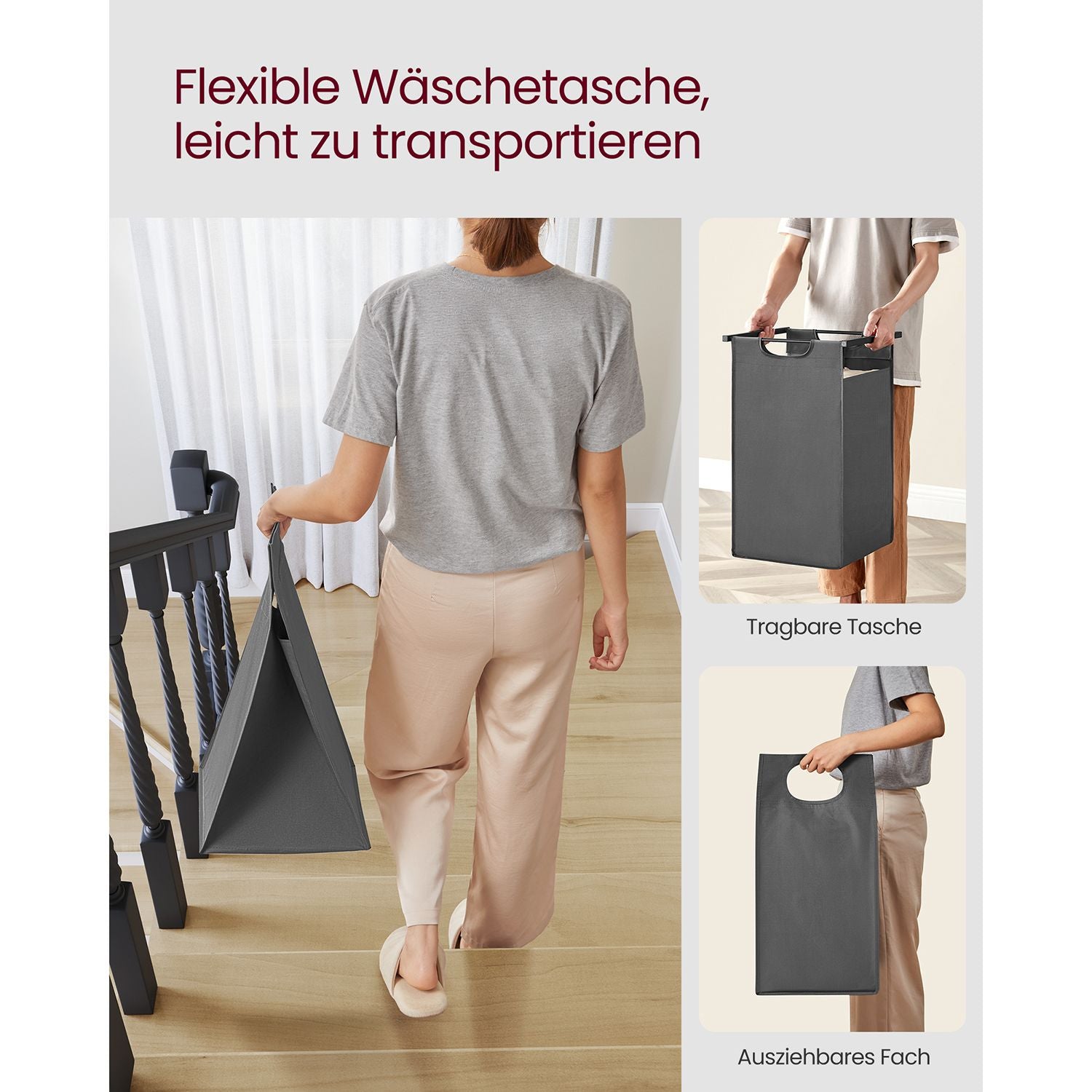 Wäschekorb 2 fächer, 2 x 46 L, Wäsche Sortiersystem, mit 2 Ablagen, Wäschesortierer, Schwarz-Grau, VASAGLE, 10