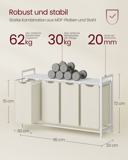 Wäsche Sortiersystem,  160 L, Wäschekorb 4 Fächer, 4 x 40 L, Wäschesack ausziehbar abnehmbar, mit Ablage, Weiß, VASAGLE, 6