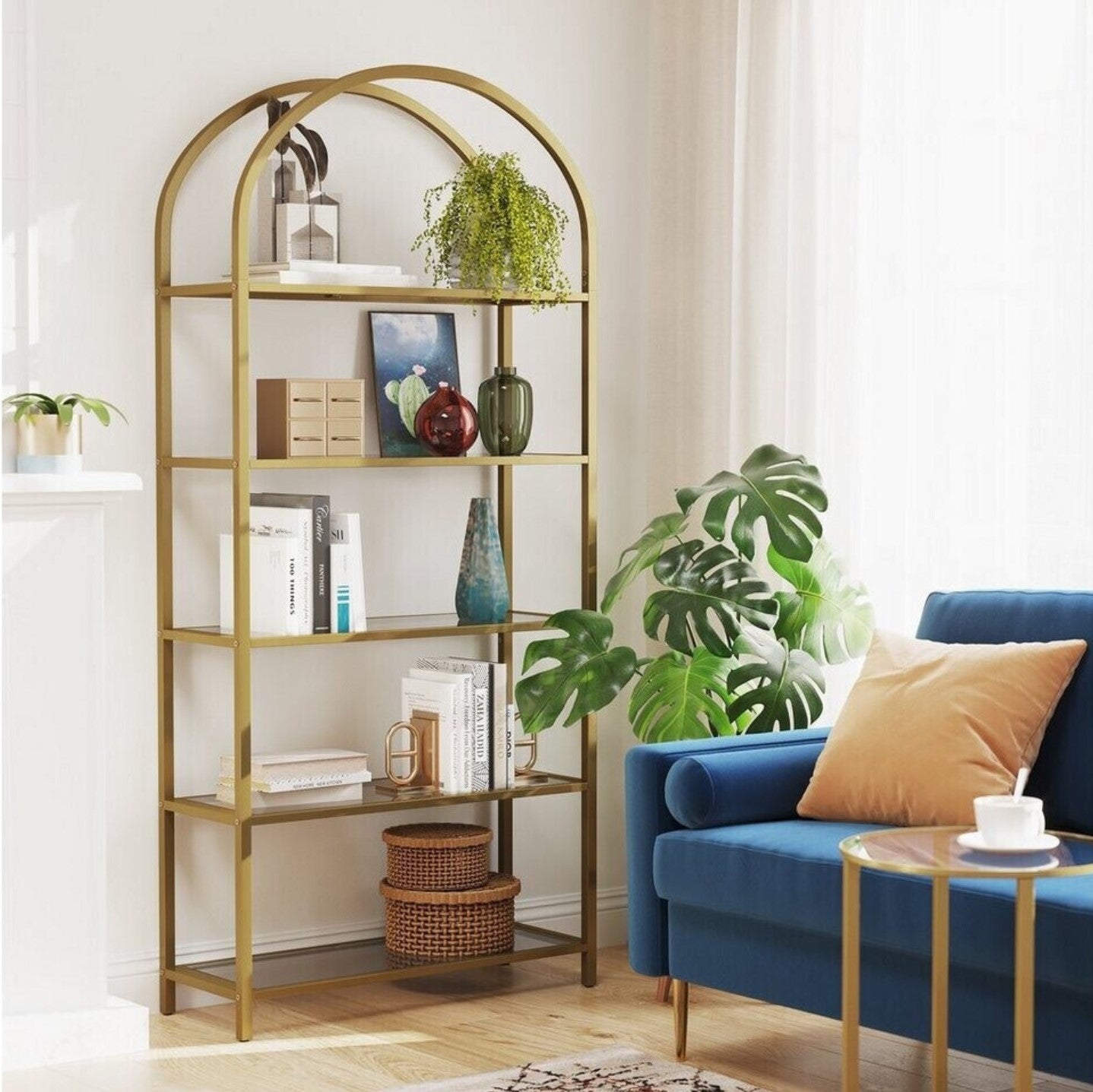 Bücherregal, Bücherregal mit 5 Ebenen, Bücherregal Gold, aus Hartglas, Standregal, Goldfarben, Vasagle, 13