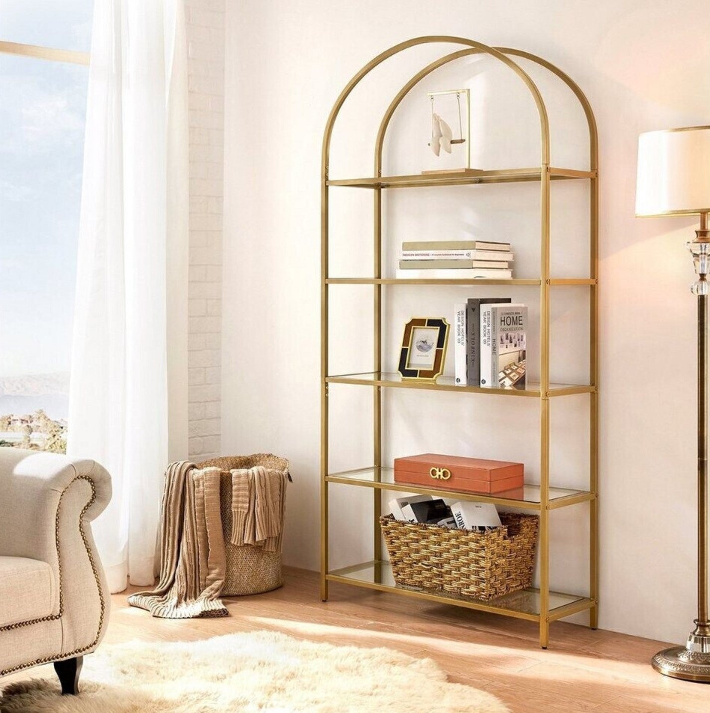 Bücherregal, Bücherregal mit 5 Ebenen, Bücherregal Gold, aus Hartglas, Standregal, Goldfarben, Vasagle, 1