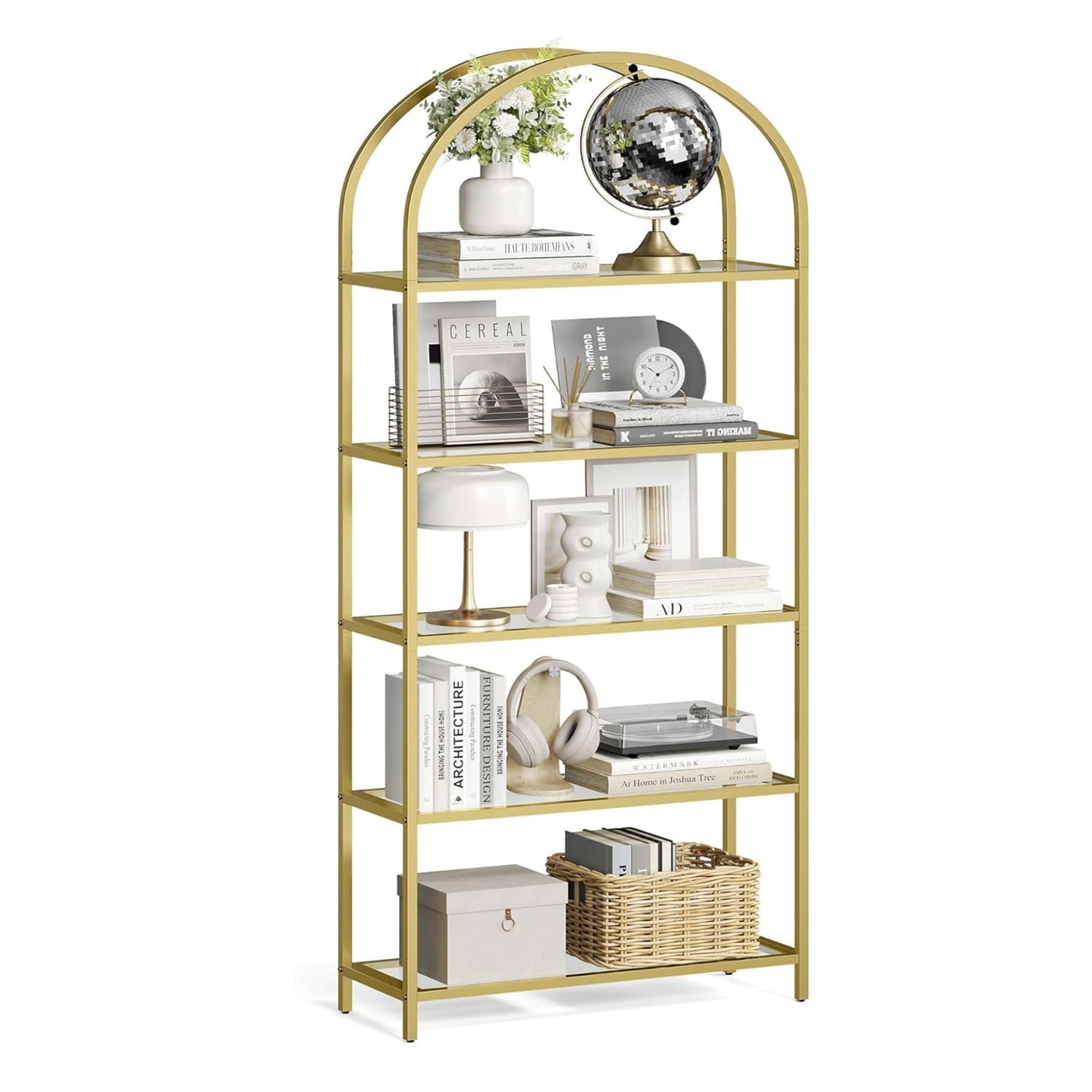 Bücherregal, Bücherregal mit 5 Ebenen, Bücherregal Gold, aus Hartglas, Standregal, Goldfarben, Vasagle, 3