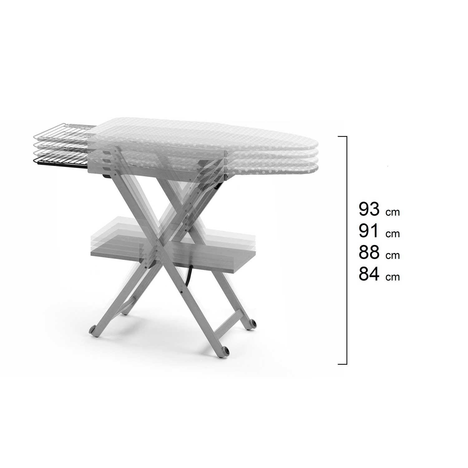 Bügeltisch, Bügeltisch höhenverstellbar: 84-88-91-93 cm, Räder an der Basis, verschiebbarer Bügeleisenhalter, STIROCOMODO, 6