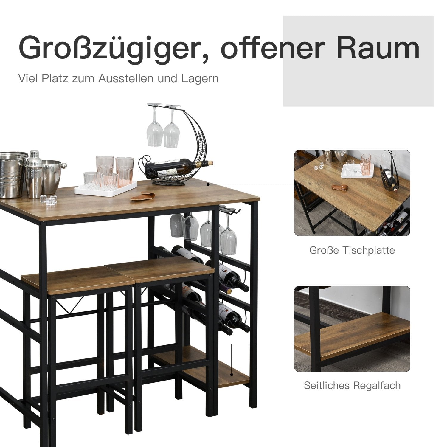 Bartisch mit stühlen, 3er Set, Bartisch mit Barhocker, Bartisch Küche mit 2 Stühlen, mit Flaschenhalter, Natur Schwarz, HOMCOM, 4