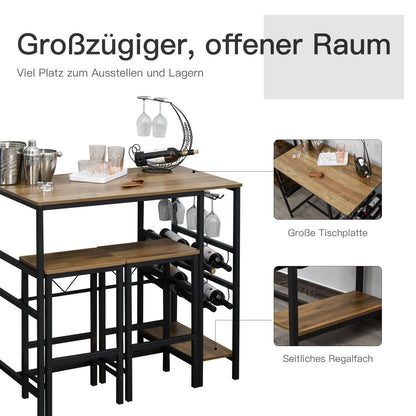 Bartisch mit stühlen, 3er Set, Bartisch mit Barhocker, Bartisch Küche mit 2 Stühlen, mit Flaschenhalter, Natur Schwarz, HOMCOM, 4