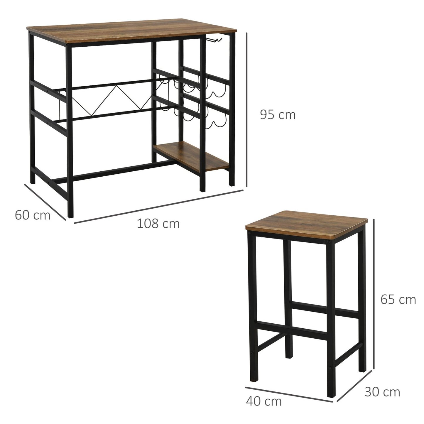 Bartisch mit stühlen, 3er Set, Bartisch mit Barhocker, Bartisch Küche mit 2 Stühlen, mit Flaschenhalter, Natur Schwarz, HOMCOM, 8