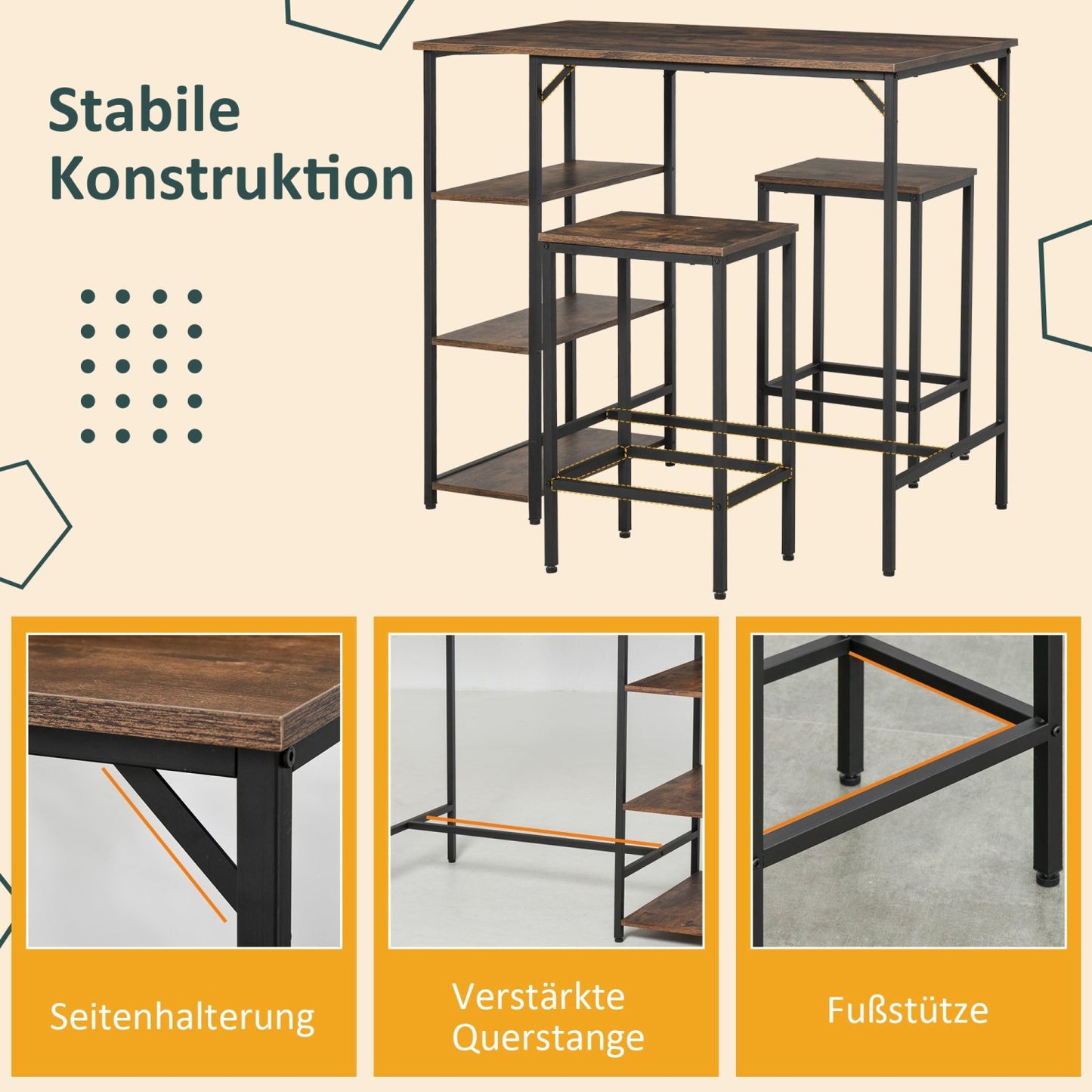 Bartisch mit stühlen, 3er Set, Bartisch mit Barhocker, Bartisch Küche mit 2 Stühlen, Tischset mit Regalen, Schwarz, HOMCOM, 3