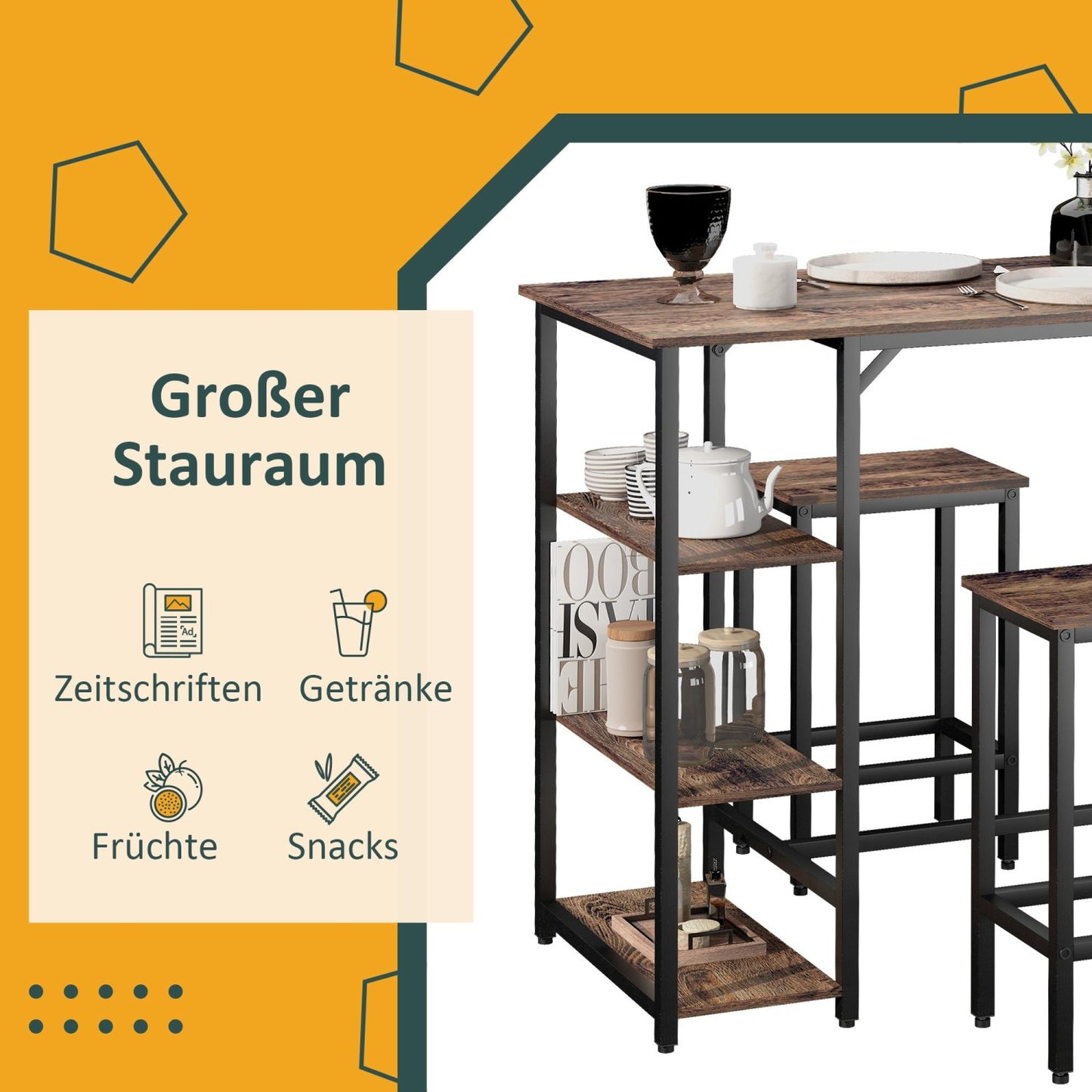 Bartisch mit stühlen, 3er Set, Bartisch mit Barhocker, Bartisch Küche mit 2 Stühlen, Tischset mit Regalen, Schwarz, HOMCOM, 5