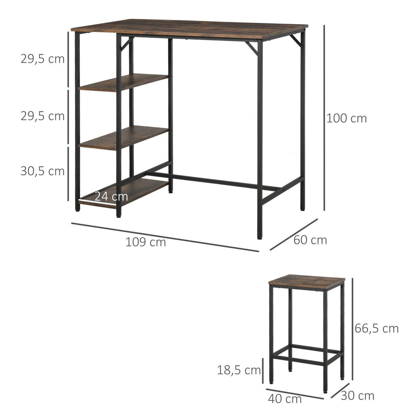 Bartisch mit stühlen, 3er Set, Bartisch mit Barhocker, Bartisch Küche mit 2 Stühlen, Tischset mit Regalen, Schwarz, HOMCOM, 8