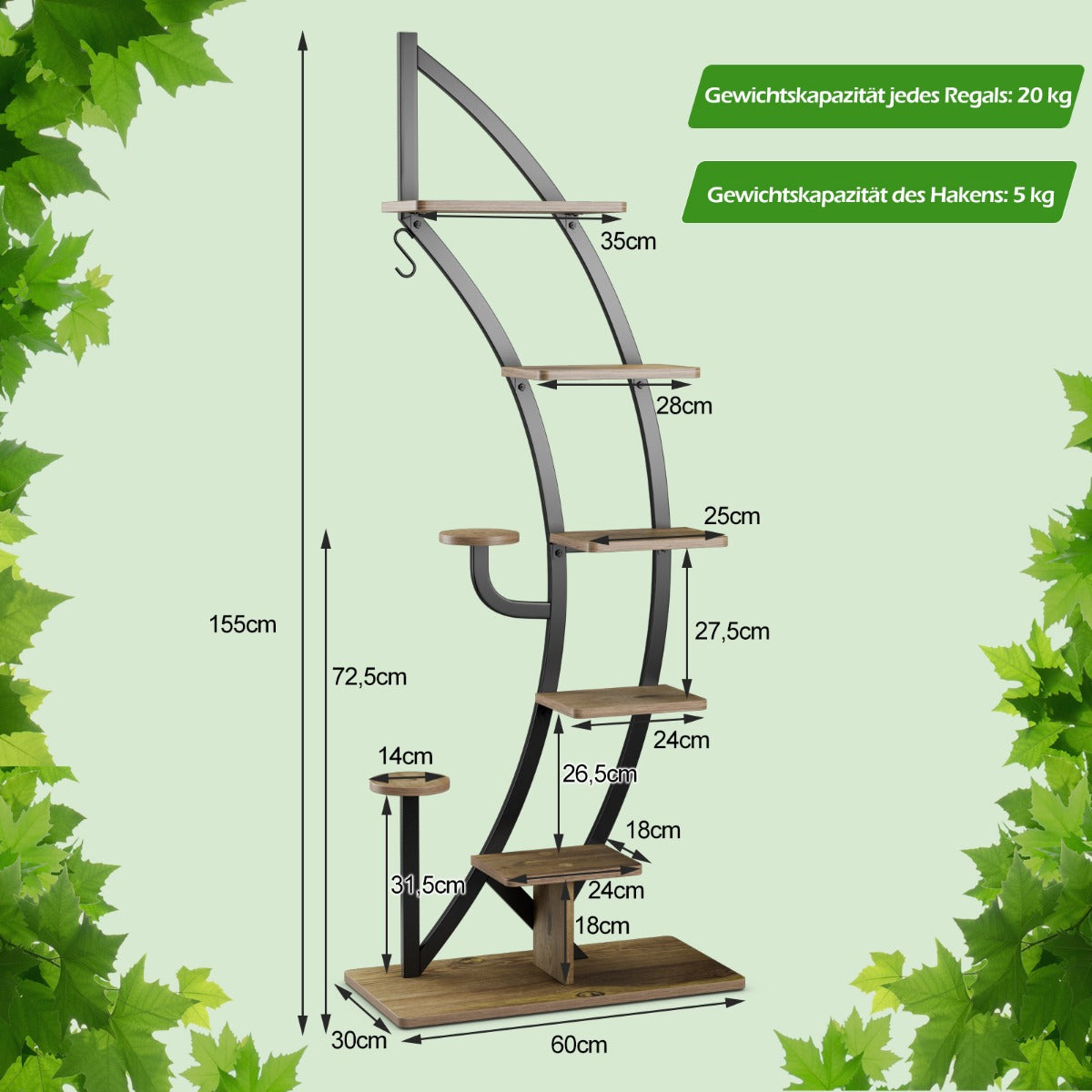 Pflanzenregal, Blumenständer, Blumentreppe, 6-Stufiger Metall-Pflanzenständer in Halbmondform, 2 Stück, Costway, 6