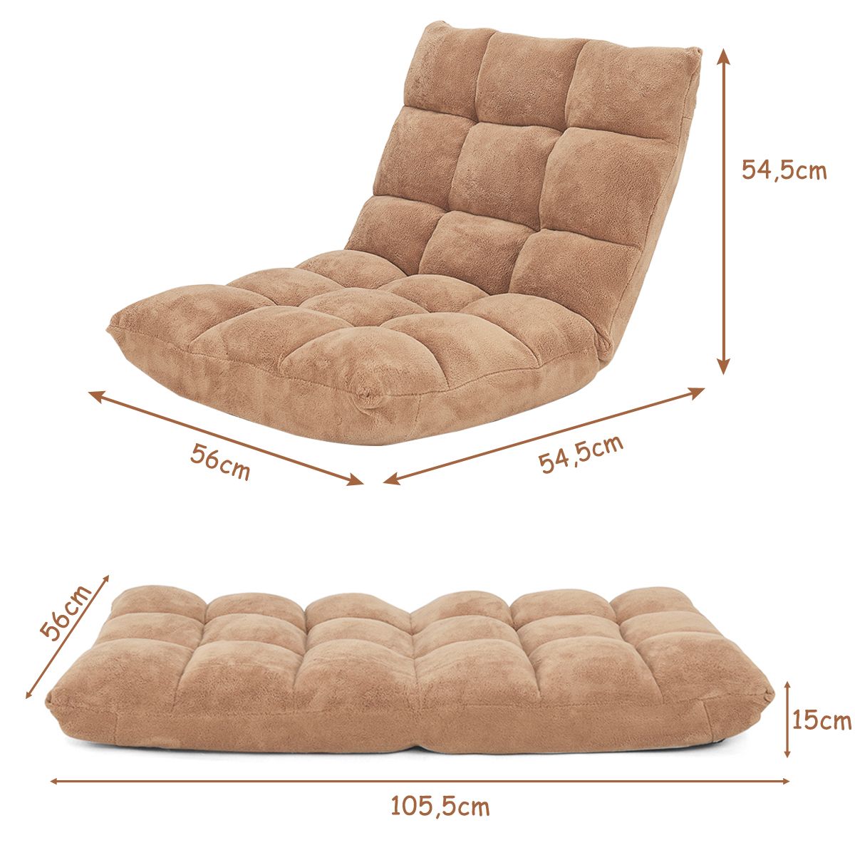 Bodensessel, Bodensofa, Bodenstuhl mit Rückenstütze Liegestuhl aus Korallensamt 105 x 56 x 15 cm Beige, Costway, 6