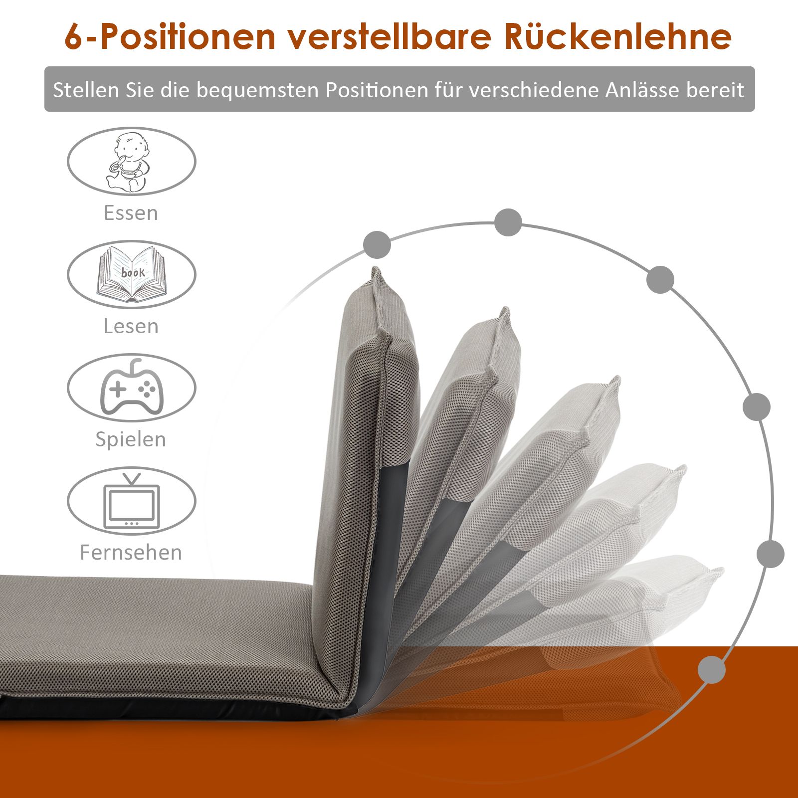 Bodensessel, Bodensofa, Bodenstuhl mit 6- stufig Verstellbarer Rückenlehne Game Sessel gepolstert, Grau, Costway, 7