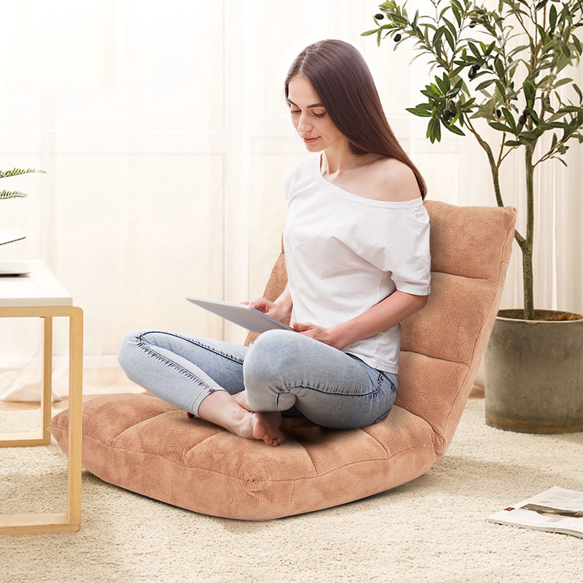 Bodensessel, Bodensofa, Bodenstuhl mit Rückenstütze Liegestuhl aus Korallensamt 105 x 56 x 15 cm Beige, Costway