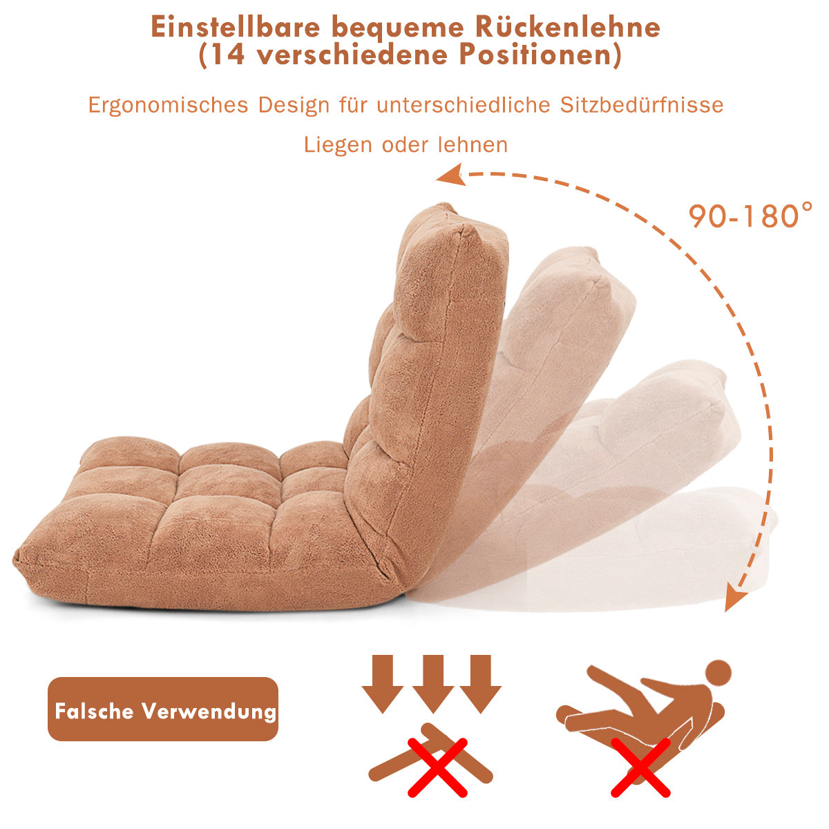 Bodensessel, Bodensofa, Bodenstuhl mit Rückenstütze Liegestuhl aus Korallensamt 105 x 56 x 15 cm Beige, Costway, 2
