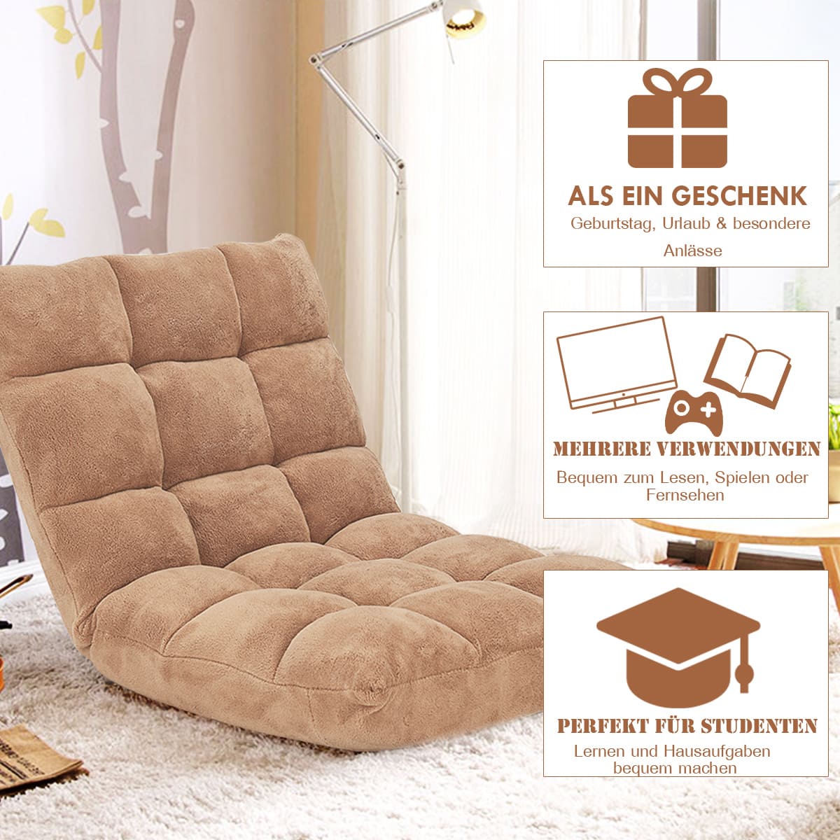 Bodensessel, Bodensofa, Bodenstuhl mit Rückenstütze Liegestuhl aus Korallensamt 105 x 56 x 15 cm Beige, Costway, 4