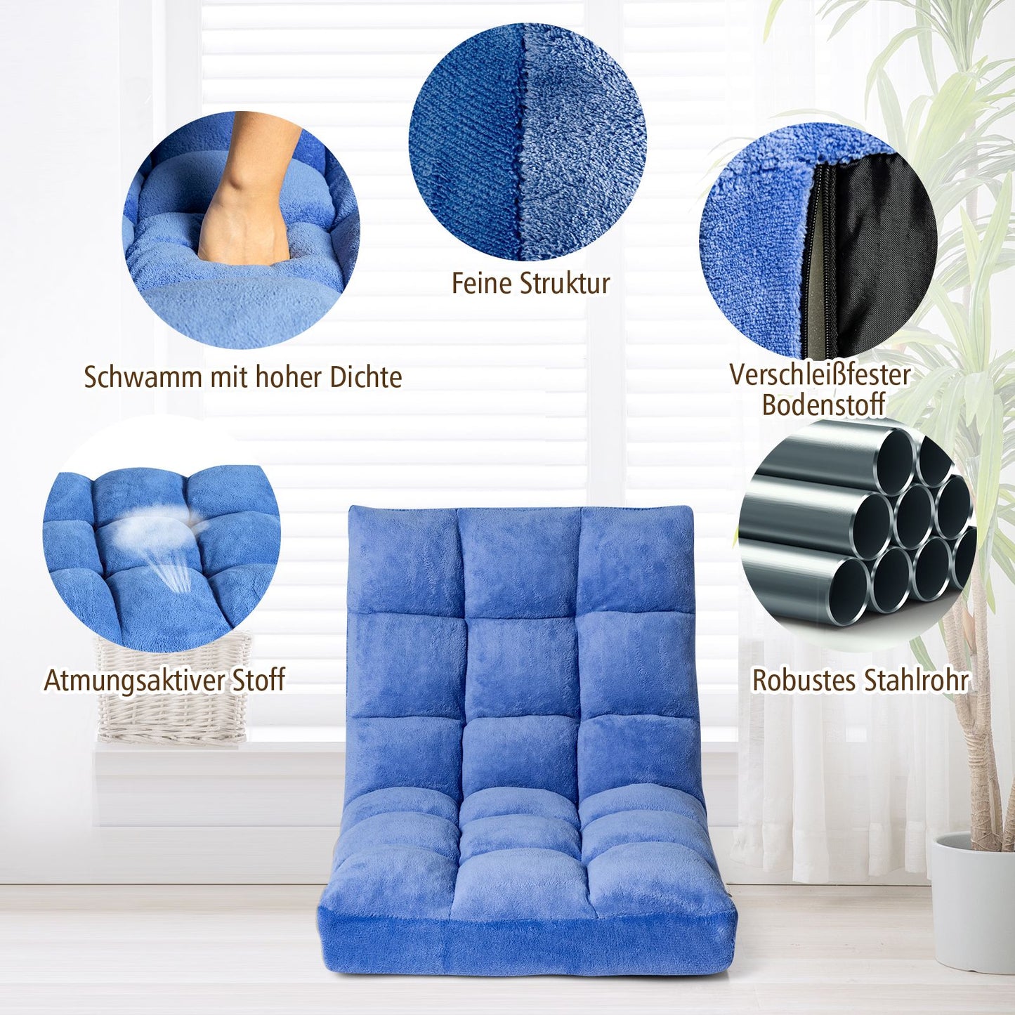Bodensofa, Bodenstuhl verstellbar Bodensessel mit Rückenlehne Bodenkissen 105 x 56 x 15 cm Blau, Costway, 7