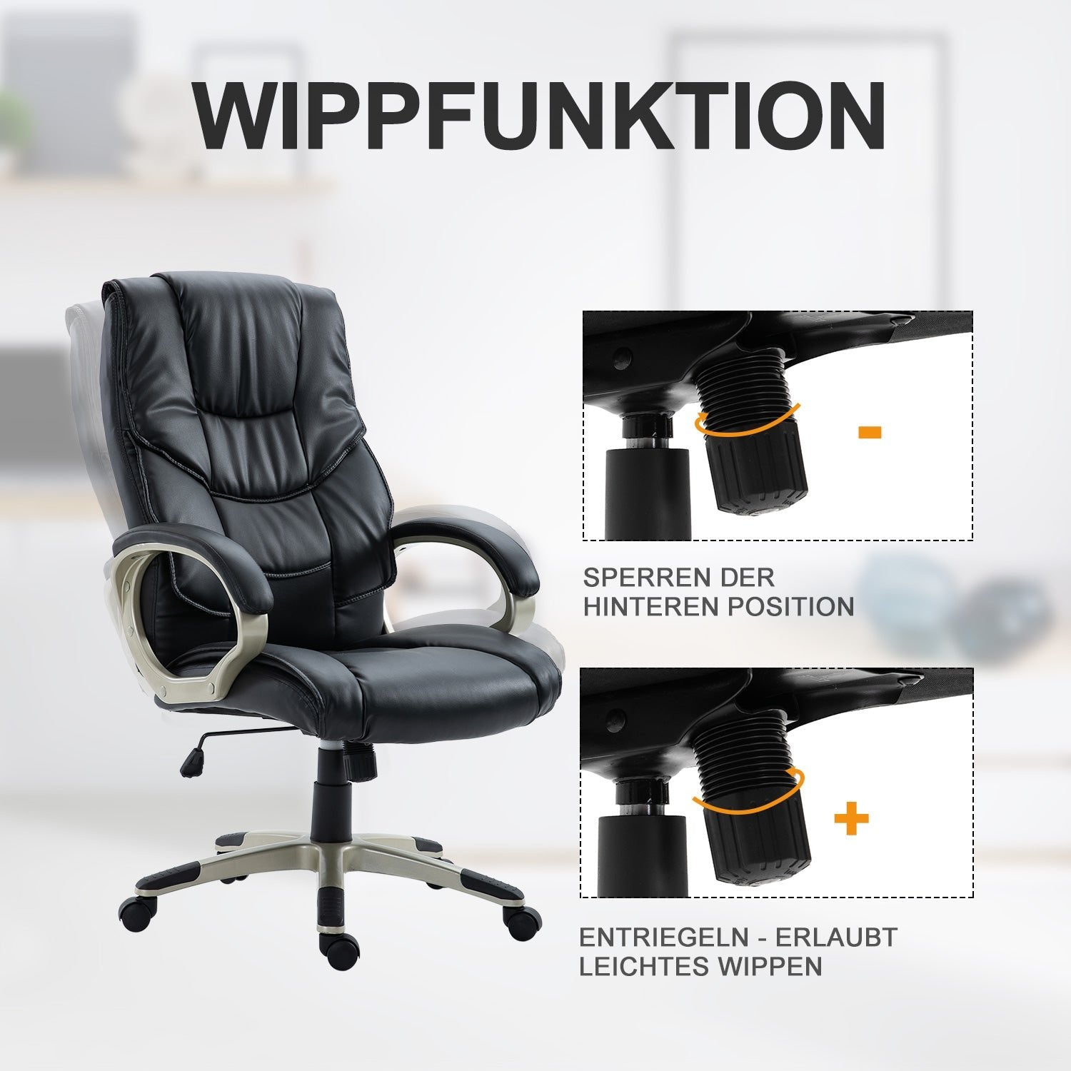 Bürostuhl, Ergonomischer Bürostuhl, Drehstuhl, Gamingstuhl, Schreibtischstuhl, Chefsessel, mit Wippfunktion, Schwarz, HOMCOM, 4