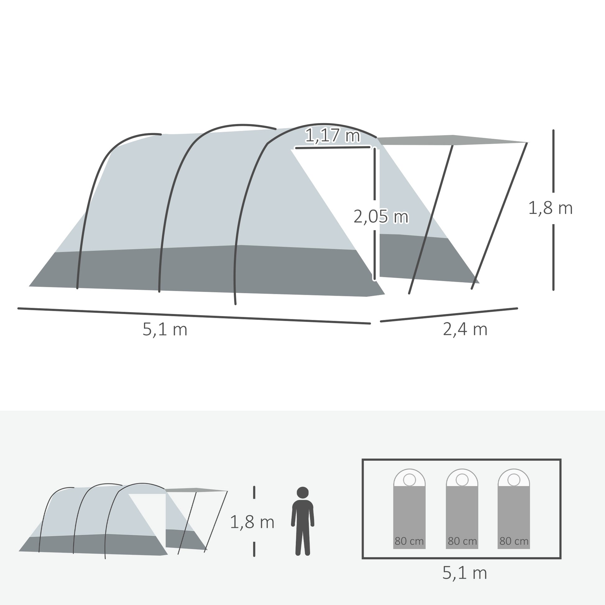 Camping Zelt, Tunnelzelt 8-Personen, Stabile Zelt, mit Schlafkabine, Wohnzimmer, Tragetasche, PU 2000mm, Outsunny, 8