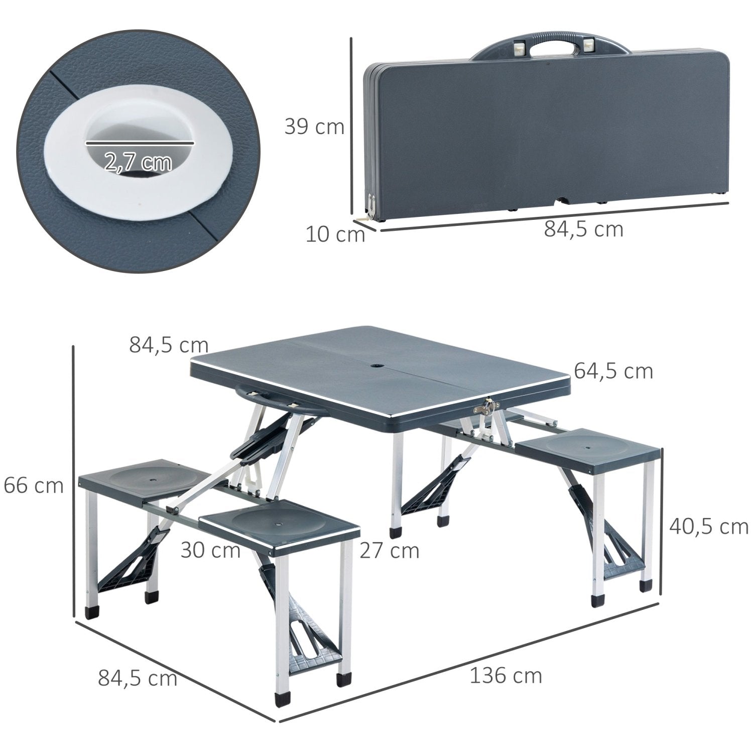 Campingtisch klappbar, mit 4 Sitzen, Alu Picknicktisch, Outdoor Tisch, Faltbar, Tragbar, Gartentisch, Dunkelgrau, Outsunny, 2