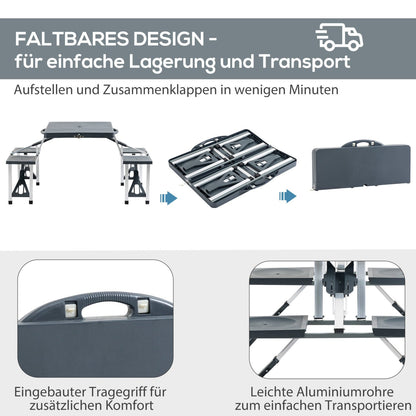 Campingtisch klappbar, mit 4 Sitzen, Alu Picknicktisch, Outdoor Tisch, Faltbar, Tragbar, Gartentisch, Dunkelgrau, Outsunny, 6