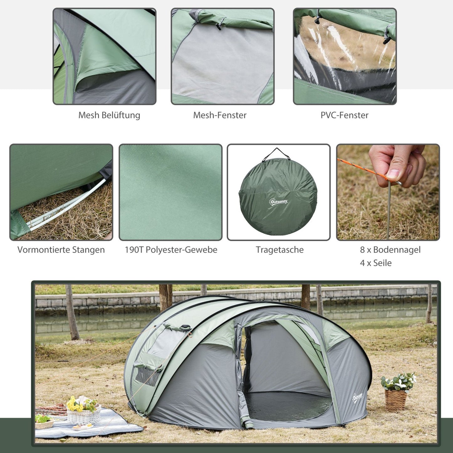 Campingzelt, Outdoor zelt, Stabile zelte, für 4-5 Personen, Kuppelzelt, mit Heringen, Polyester & B3 Gitter, Outsunny, 2